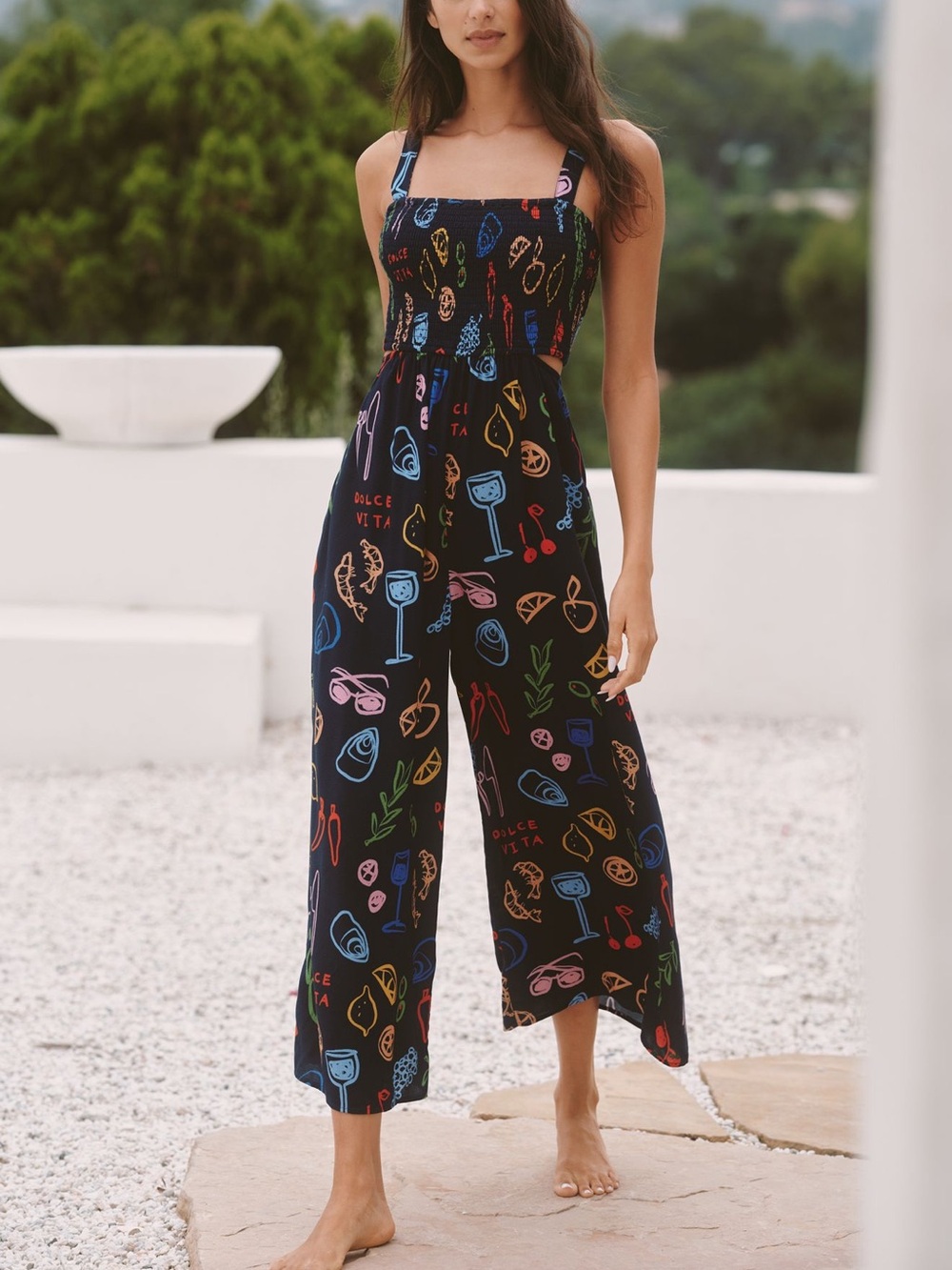 Anthropologie Black Multicolor Smocked Wide-Leg Jumpsuit M